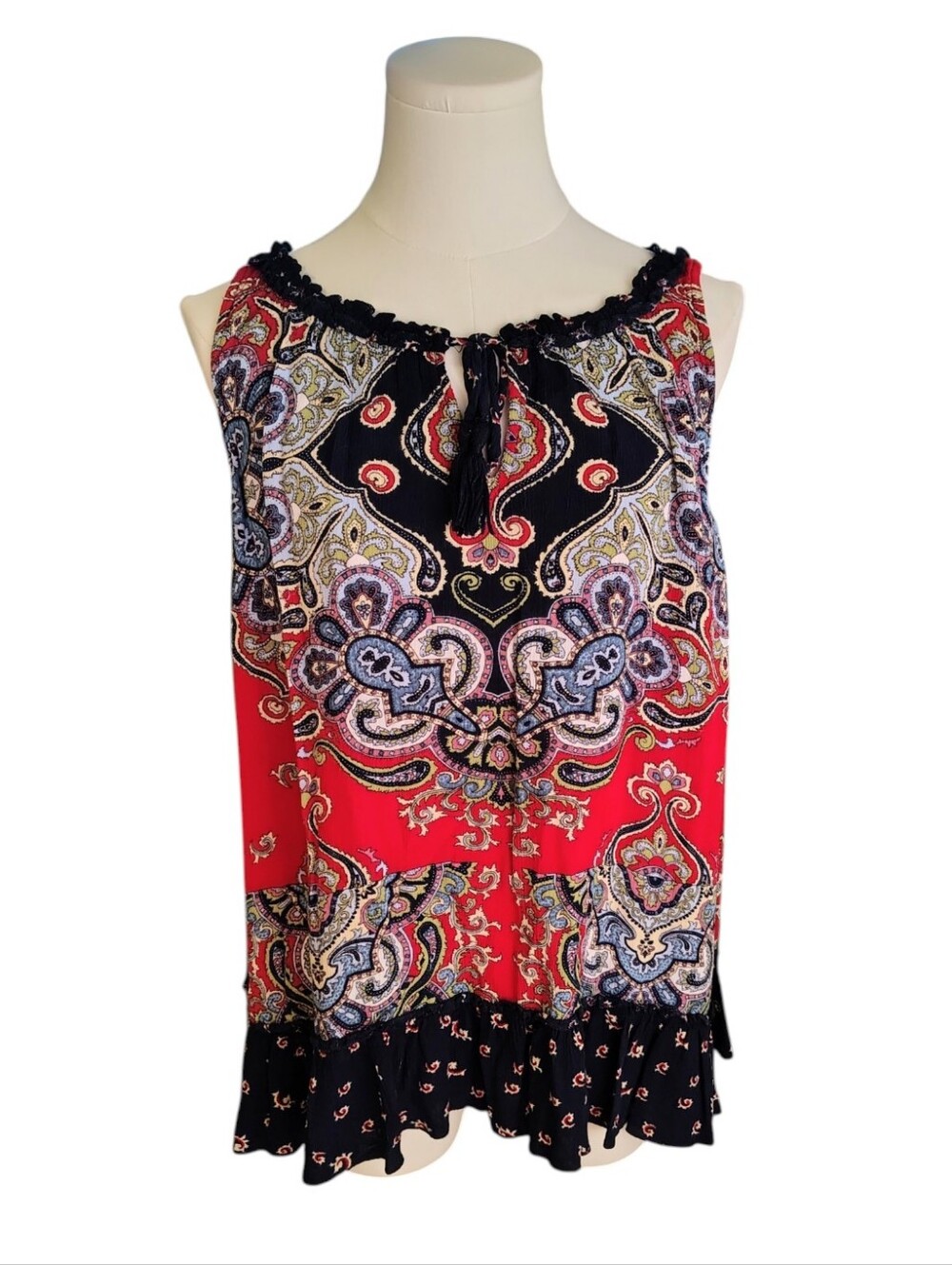 Bila Navy Blue Red Paisley Cottage Bohemian Crepe Sleeveless Blouse Size Large